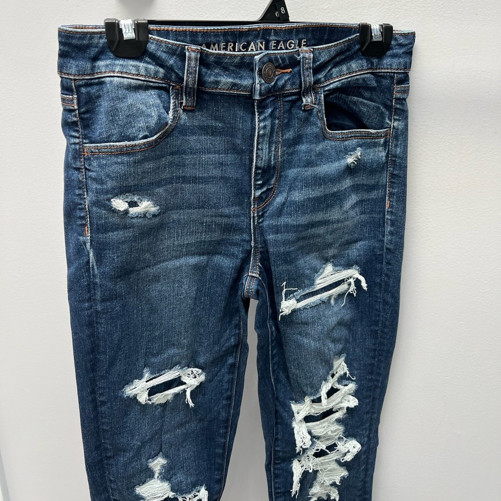 American Eagle Outfitters Women's Dark Blue Ripped Skinny Jeans